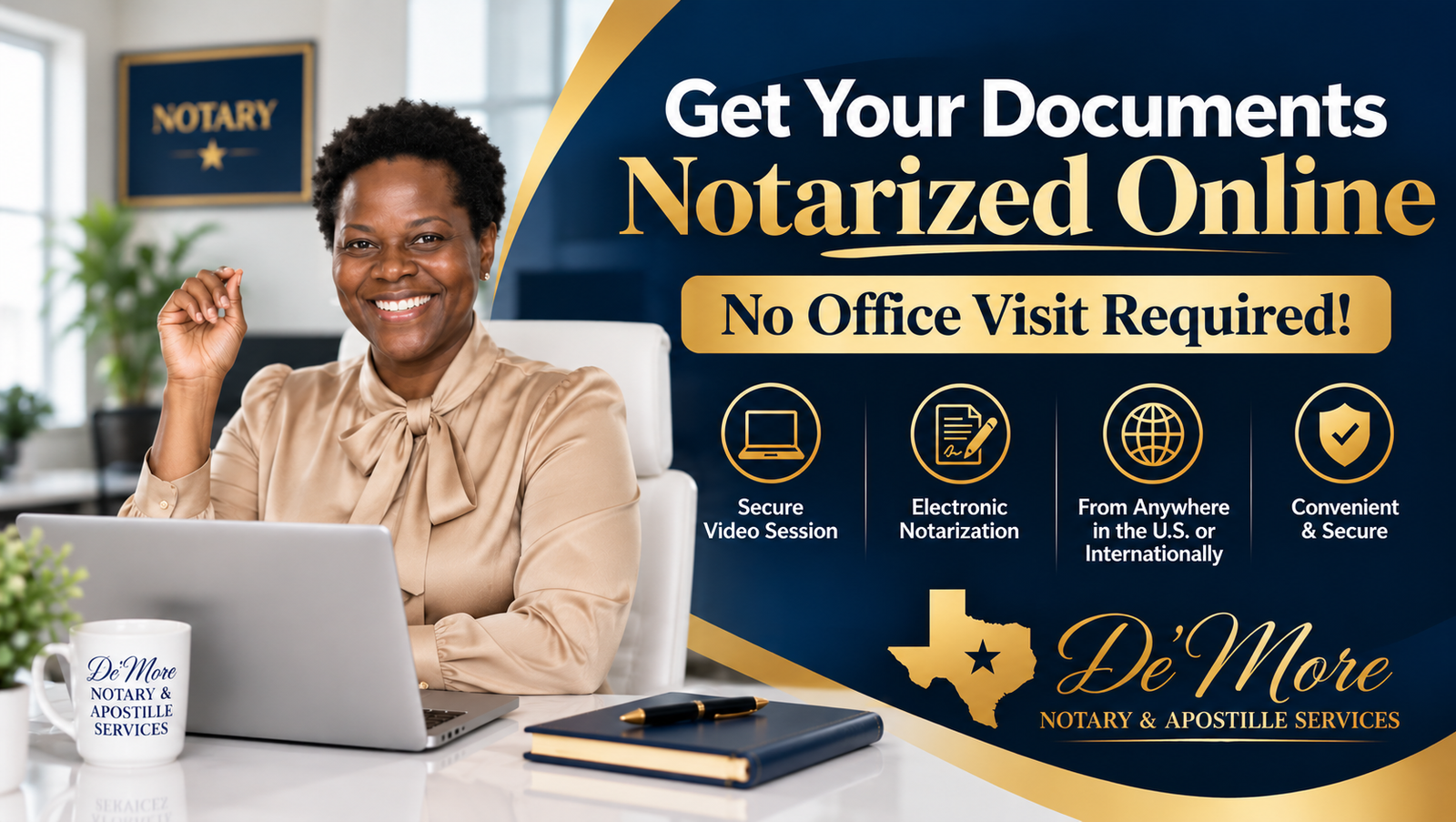 De’More Notary & Apostille Services online notary professional at a laptop, promoting remote online notarization without an office visit.