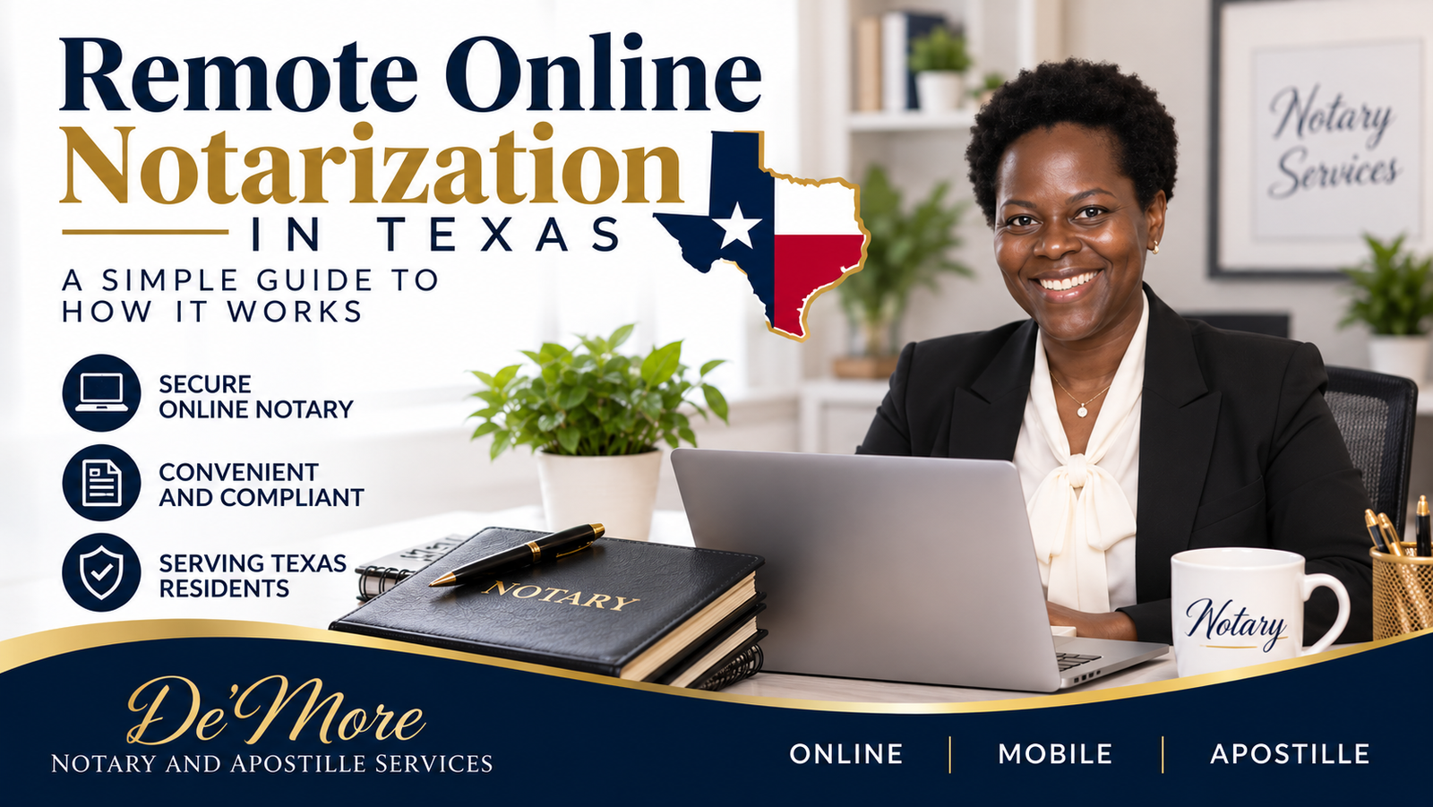 Professional Texas online notary at a laptop wearing a black suit and white bow blouse, promoting Remote Online Notarization services for De'More Notary and Apostille Services.